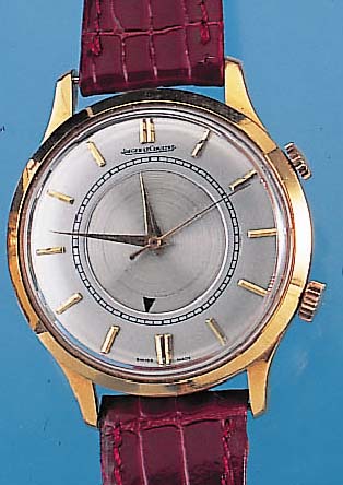 JAEGER LE COULTRE Armbandwecker mit Hammerau- tomatik, Aufzug für Gehwerk, neutr. Metall- geh. verg., Edelst.-Boden u. Glasr. gedr., Blatt ...