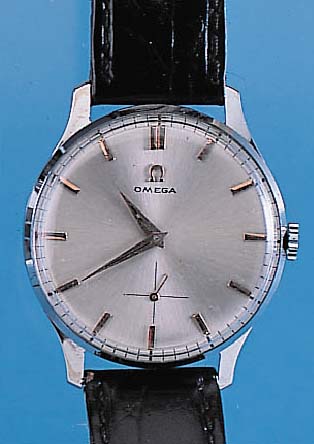 OMEGA Herrenarmbanduhr, Ref.-Nr. 2271-4, Schweiz um 1951, Metall verchr., Edelst.-Bodengedr., Blatt rest., Werk verg., Kal. 265, 15 St., ...