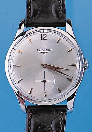 LONGINES Herrenarmbanduhr Ref.-Nr. 7164/1- 646, Schweiz um 1956, Edelst., Boden u. Glasr.gedr., Blatt rest., kl. Sek. teilvert., 17 St.Handaufzug, ...