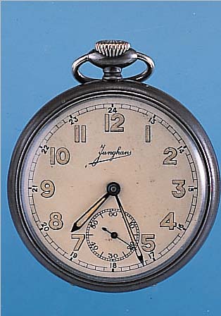 JUNGHANS Herrentaschenuhr Lepine, Deutsch- land um 1935, brün. Stahlgeh., Leuchtfarbe aufStd.-Zeichen u. Orig.-Zeigern brüch., Unr.- Stop bei ...