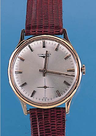LONGINES Herrenarmbanduhr, Schweiz um 1970, RG 750/000, Boden u. Glasrand gedr., Geh. neu-tral, Montage später, Blatt rest., Std.-Zei- chen u. ...