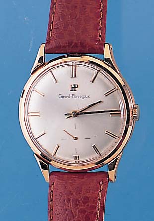 GIRARD PERREGAUX Herrenarmbanduhr, neutr. RG 750/000 Geh., D. ca. 36 mm, Boden u. Glas- r. gedr., vers. Blatt, erhabene Goldstd.-Zei- chen, kl. ...