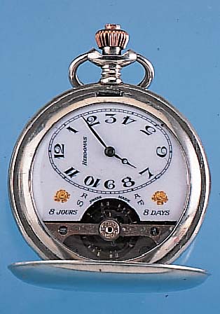HEBDOMAS Herrentaschenuhr 8-Tage Werk, Schweiz um 1920, Nickel, Savonetteausführung, Emailbl. fein haarr., sign., Goldpiquearbeit, Schwungber. ...