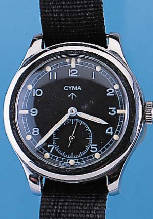 CYMA Militärarmbanduhr für die britische Armee so Registraturgrav. auf geschr. Edelst.- Boden, schw. Kontrastzifferbl., zusätzl. In- nensch. ...