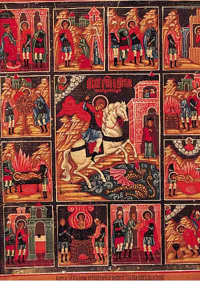 Ikone, Zetralrussland, um 1830-40, mittig Hl. Georg, 12 Vitaszenen, restauriert, ca.33 x 27,5 cm