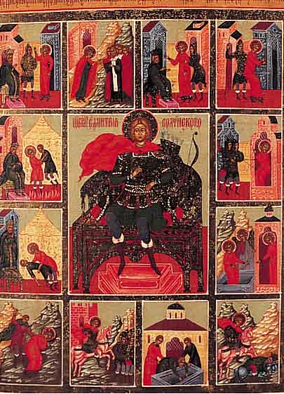 Ikone, Weißrussland, um 1820-30, Heiligendarstellung mit 12 Vitaszenen, restau-riert, ca. 35,5 x 30 cm