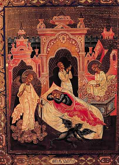 IKONE, ZENTRALRUSSLAND, UM 1900, SCHLAFENDER CHRISTUS, MIT ZWEI ENGELN UND KLEINEM TEUFEL, RESTAURIERT, CA. 37 X 30 CM
