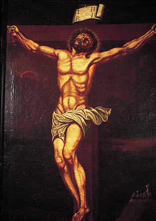 Unbekannter Maler, sddeutsch, um 1720-30, Der gekreuzigte Christus, ™l/Lwd, alters- bedingt stark krakeliert, ca. 110 x 62 cm, R.