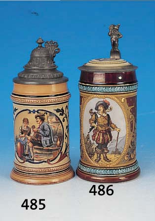 Bierkrug, Villeroy & Boch Mettlach, 1892, Feinsteinzeug, feingeritzt und bunt bemalt, Darst. eines Landsknechts, Deckel mit Zinn- umrandung, ...