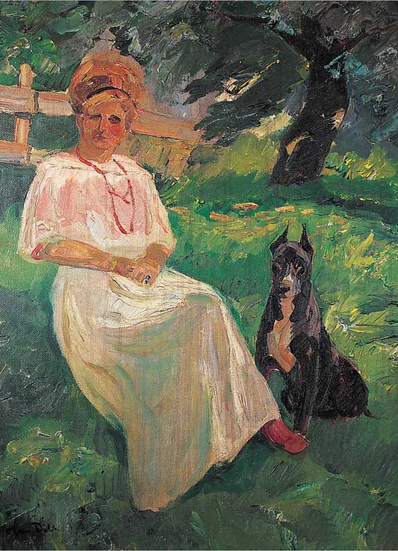 Dill, Otto, 1884 Neustadt-1957 Bad Dürkheim, Bildnis seiner Frau Emmy Dorothea und ihrer Dogge im Garten, Öl/Hartfaser, li. u. sign., ca. 71 x ...