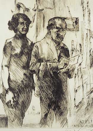 Corinth, Lovis, 1858 Tapiau-1925 Zandvoort, im Atelier, Selbstporträt, Radierung von 1919,re. u. handsign., ca. 32 x 24,5 cm, PP, u.Gl.,R.