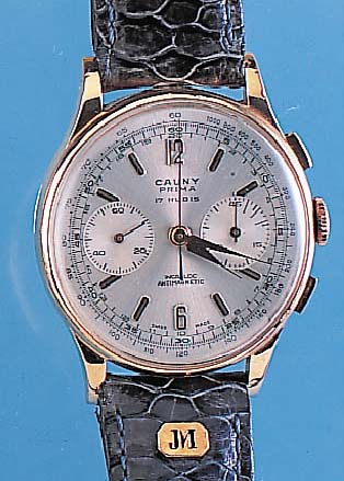 CAUNY ARMBANDCHRONOGRAPH PRIMA, REF.-NR. 106SCHWEIZ UM 1949, RG 750/000, BODEN U. GLASR. GEDR., METALLCUVETTE WURDE ENTNOMMEN, ...