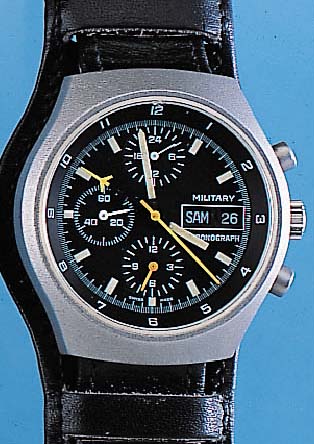 ARCTOS Militärchronograph, Schweiz um 1975, Edelst. matt., Boden u. Krone geschr., bei Fertigst. wassergesch., auf Boden Registratur-grav. ...