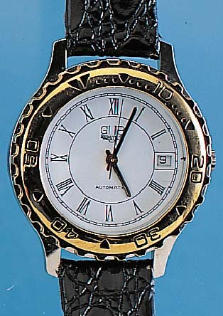 GUB Herrenarmbanduhr, Deutschland/Schweiz um 1994, Metall verchr., Edelst.-Boden gedr., Lünette hartverg., eins. drehb., emailfarb. ...