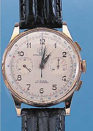 I.T.A. ARMBAND-CHRONOGRAPH, SCHWEIZ UM 1949,750/000 RG, BOD. U. GLASR. AUFGEDR., METALLCUV. ZUR ARMIERUNG, VERS. BLATT, 30 MIN.-STOPPZ.,TELE- U. ...