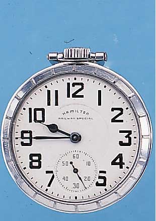 HAMILTON HERRENTASCHENUHR RAILWAY SPECIAL, REF.-NR. R 283384, USA UM 1939, EDELSTAHL, BOD. U. GLASR. GESCHR., EMAILLF. KONTR.- ZIFFERBL., ...