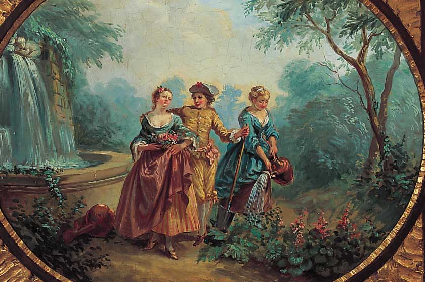 Unbekannter Maler nach dem Vorbild von Hamza, um 1870-80, Galante Personen im Park, Öl/ Lwd, im Oval je ca. 37 x 45 cm, geschnitzte und ...