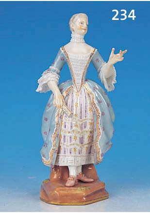 PORZELLANSKULPTUR, MEISSEN, UM 1870/80, EDELDAME MIT FäCHER, L. REST., MIN. AN DEN SPITZEN BEST., H. 18.5 CM, SAMMELWüRDIG