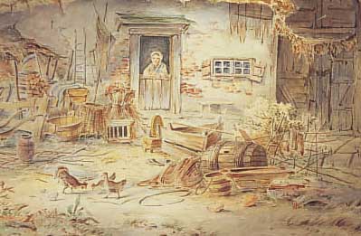 KöSTER, HEINRICH, OLDENBURG 1878 - BREMEN 1907, AQUARELL, BAUERNHOF MIT TIEREN UND BäUERIN, SIGNIERT, UNTERT GLAS, RAHMEN 17,3 X ...