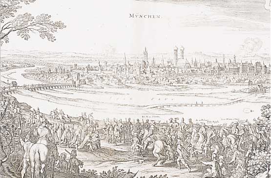 Konvolut von 5 Blatt München, 1.) Kupfer- stich aus Th. Europ., Ga München, mit Belager-ung im Vordergrund, gutes Exemplar, 24 x 32 cm, von M. ...