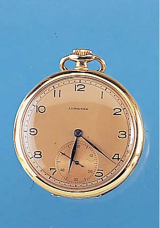 LONGINES OFFENE HERRENTASCHENUHR, 750/000 GG, BLATT REST., ZEIGER TEILW. ERS., AUF BOD. MONOGR. CD, GOLDCUV. WURDE ENTNOMMEN, BRüCKEN-ANKERWERK, ...