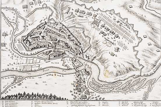 Konvolut von 2 Blatt Kupferstiche Donau- wörth, 1.) Kupferstich aus Th. Europ., v. M. Merian, Die Statt Thonawerth sambt der ...