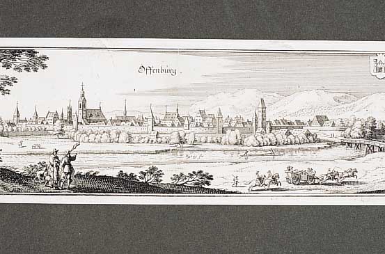 Konvolut von 2 Blatt Kupferstiche von Offen- burg und Umgebung, 1.) Kupferstich M. Merian, Ga Offenburg, ohne sichtbaren Mittel- bug, 10 x ...