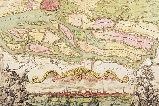 Konvolut von 2 Blatt Hamburg und Holstein, 1) Altkolor. Kupferstich v. Prospect und Grundris der Keisel Freven Reichs und Ansee Stadt ...
