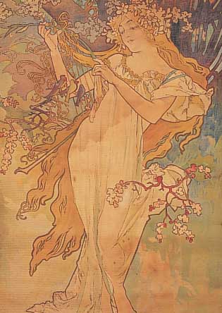 Mucha, Alphonse, Farblithographie auf Stoff,gebräunt und leicht wasserfleckig, Frau mit Harfe, ca. 92 x 55 cm