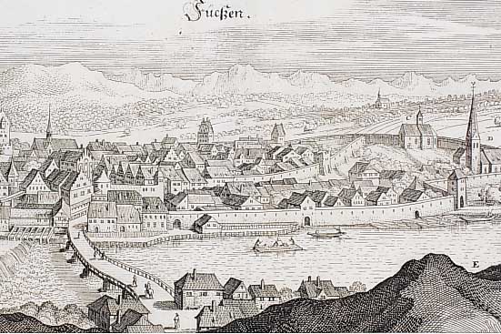 Konvolut von 2 Blatt Kupferstichen Füssen und Umgebung, 1) Kupferstich mit Merian ca. 1650GA Füssen tadelloses Exemplar ohne sichtbaren Mittelbug, ...