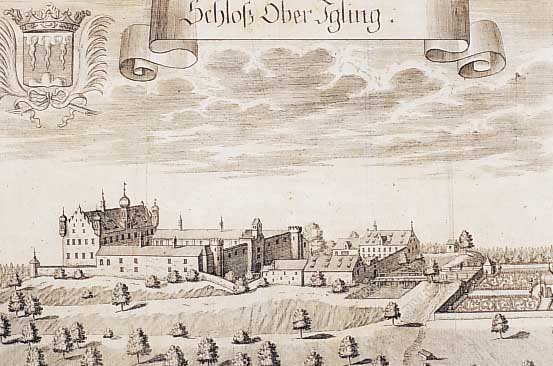 Konvolut von 7 Blatt mit Kupferstichen von Wening, ca. 1720, um Landsberg, 1.) Kupfer- stich von Wening, ca. l720, Schloß Ober Iglingb. ...