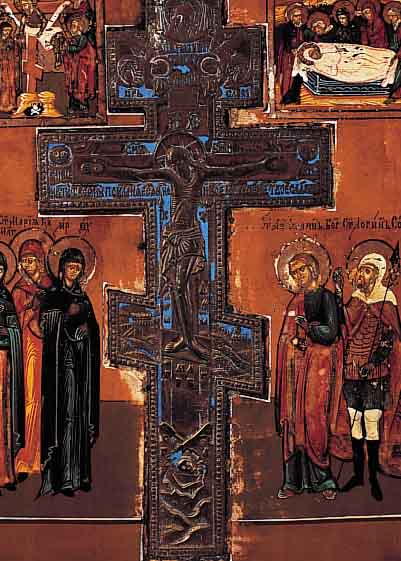 IKONE, RUßLAND, UM 1820/30, SPäTER EINGE- LASSENES MESSINGKREUZ (UM 1870/80), GRABLE- GUNG BZW. KREUZIGUNG- UND AUFERSTEHUNGSSZENEN,30 X 26.5 ...