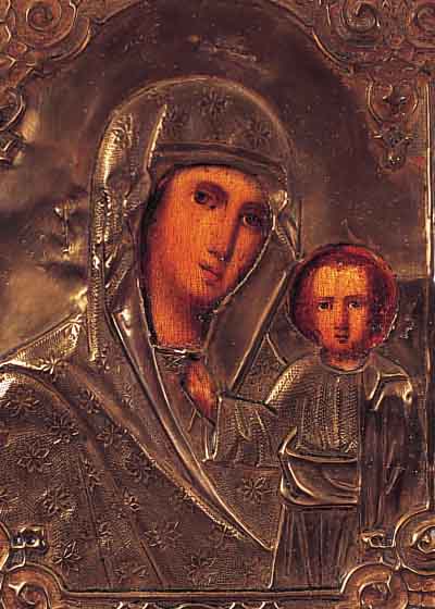 IKONE, RUßLAND, UM 1900, MESSINGOKKLAD, MUT-TER GOTTES MIT KIND, ALTERSSCHäDEN, 22,5 X 17 CM