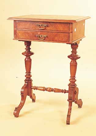 NäHTISCH, DEUTSCH, UM 1890, NUßBAUMFURNIER, GEDRECHSELTER FUß, ZWEI SCHüBE, PLATTE AUFKLAPPBAR, L. ALTERS- BZW ...