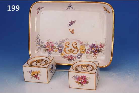SCHREIBSET, KPM BERLIN, DAT. 1927, PORZELLAN, HAUSMALEREI, SEHR SCHöNE BLUMEN- BEMALUNG MIT INSEKTEN UND SCHMETTERLINGEN, ...