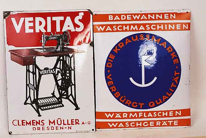 ZWEI EMAILSCHILDER VERITAS, CLEMENS MüLLER DRESDEN, GEBOGEN, AND DEN ECKEN MIT EMAIL- SCHäDEN, FISCHER EMAIL, JE CA. 51 X 40 CM