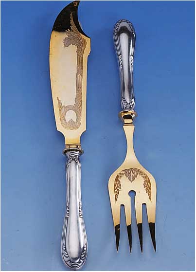 2-TEIL. FISCHVORLEGEBESTECK, DEUTSCH UM 1910, GRIFFE 800ER SILBER, GEBR.-TEILE METALL VERGOLDET, ETUI