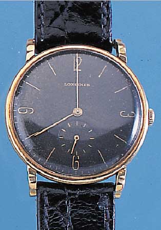 LONGINES HERRENARMBANDUHR, SCHWEIZ UM 1943, 585/000 GG, BOD. U. GLASR. AUFGEDR., AUßER LEDERBD. ORIG.-ZUSTAND,BLATT ...