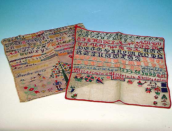 ZWEI STICKTüCHER, DEUTSCH, 1896 UND 1884, AUF STRAMIN GESTICKT, ABC, UND VERSCH. VER- ZIERUNGEN U.A. BLUMENTOPF, BAUM, VOGEL, FüLL- HöRNER, ...