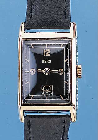 BERG HERRENARMBANDUHR, GG 585/000, SCHWEIZ/ DEUTSCHLAND UM 1938, RECT.-FORM, SEITL. SCHMUCKGEPR., SCHARNIERB., BLATT REST., TONNENFöRM. ...