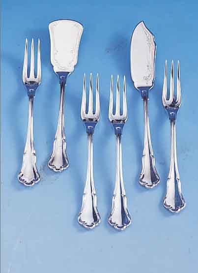 12 Fisch-Vorspeisegabeln, 1 Fischheber und 1 Fischmesser, deutsch Bruckmann Heilbronn,800er Silber, Barockstil, total ca. 390 g, passend zu ...
