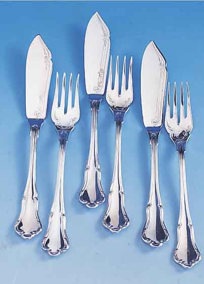 6 Fischgabeln und 6 Fischmesser, 800er Silber, Bruckmann Heilbronn, Barockstil, total ca. 620 g, passend zu Kat.-Nr. 03-04050