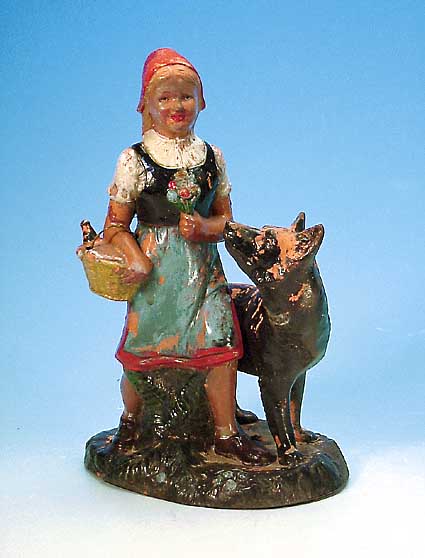 MAJOLIKAFIGUR, DEUTSCH, UM 1900, ROT- KäPPCHEN UND DER WOLF, SEKUNDäR BUNT GEFAßT, MIT WITTERUNGSBEDINGTEN FARBABBLäTTERUNGEN, H. CA. ...