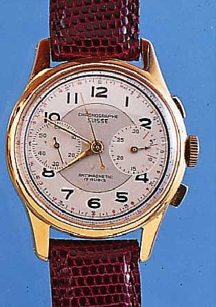 ARMBAND-CHRONOGRAPH, SCHWEIZ UM 1948, METALL NACHVERG., EDELST.-BOD. U. GLASR. AUFGEDR., ORIG. MATT VERS. BLATT BEZ. CHRONOGRAPHE ...