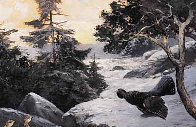 ARNOLD, WOLF, * 1899 CHEMNITZ, GEHöRTE ZUM CHEMNITZER KüNSTLERKREIS UND LEHRTE DORT AUCH,BALZENDER AUERHAHN IM WINTERWALD, MISCHTECHNIKAUF ...