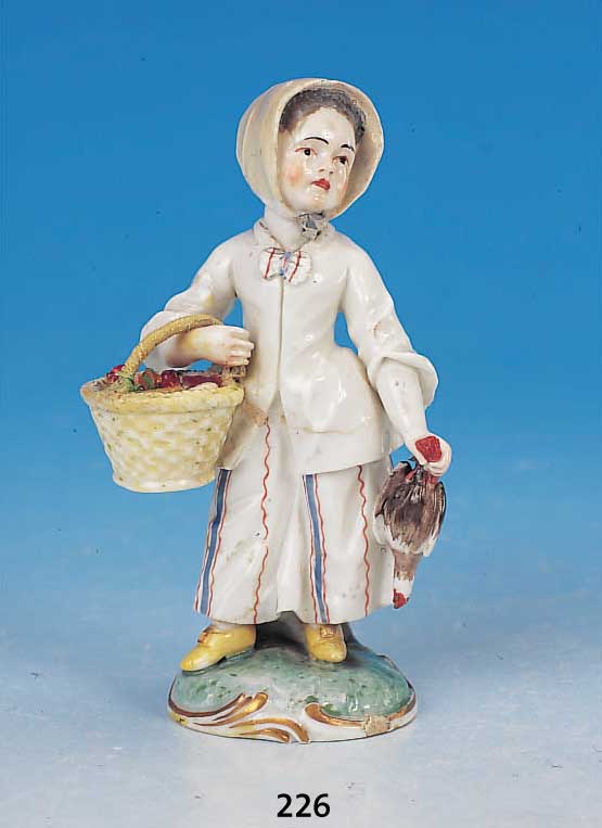 PORZELLANFIGUR, FRANKENTHAL, UM 1765, AB- MARKE=ADOLF BERGZOLL, JUNGE FRAU MIT HUHN UND EIERKORB, BEMALT, MIN. ALTERSSCHäDEN, L. REST., H. ...