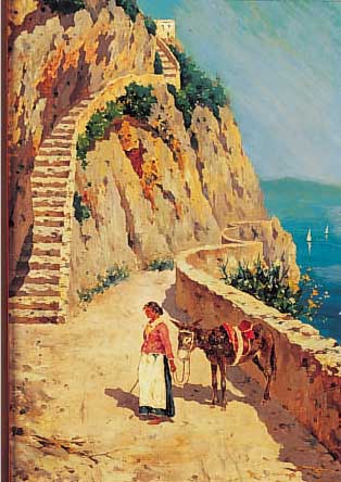 Elias, F. (o.ä.), Künstler des 19./ 20. Jh.,Eseltreiberin auf Capri, Öl/Holz, sign., Orts-bez. Capri, 28 x 18 cm, R.