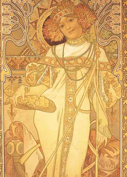 MUCHA, ALPHONSE, DER HERBST, FARBLITHOGRAPHIE, UM 1898, GEBRäUNT, EINIGE RESTAURIERTE STELLEN, CA. 70 X 30 ...