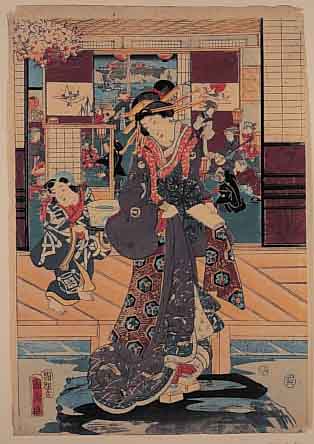 KUNICHIGO,JAPAN. FARBHOLZSCHNITT, UM 1830, HöFISCHE DAME, CA. 37 X 23 CM, PP.