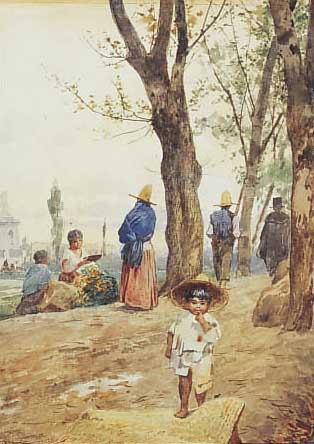 Lateinamerik. Künstler um 1920, Blumenver- käuferin mit Passanten. Aquarell, unleserl. sign., 28 x 22,5 cm, R.(dieser besch.)